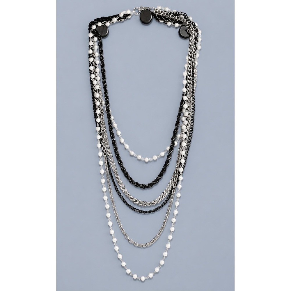 Multi Strand Faux Pearl Chain Statement Necklace Silver Tone Gunmetal Layered